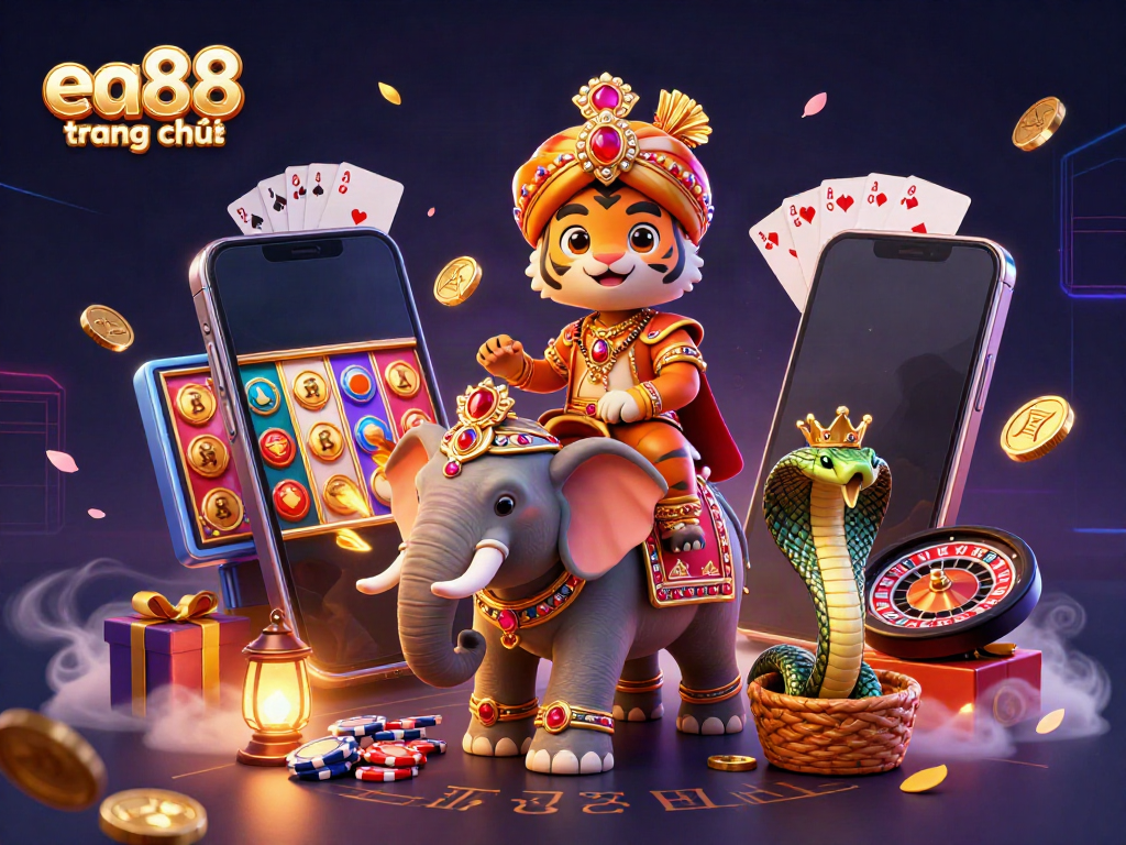 Experience thrilling entertainment at ea88 trang chủ with a vivid 3D casino illustration featuring iconic gaming elements and cartoon characters.