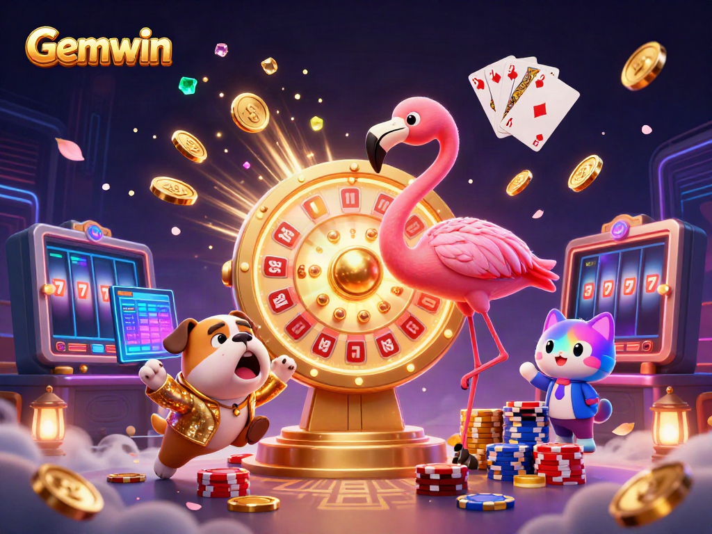 Experience excitement at Gemwin with animated characters spinning games and winning treasures.