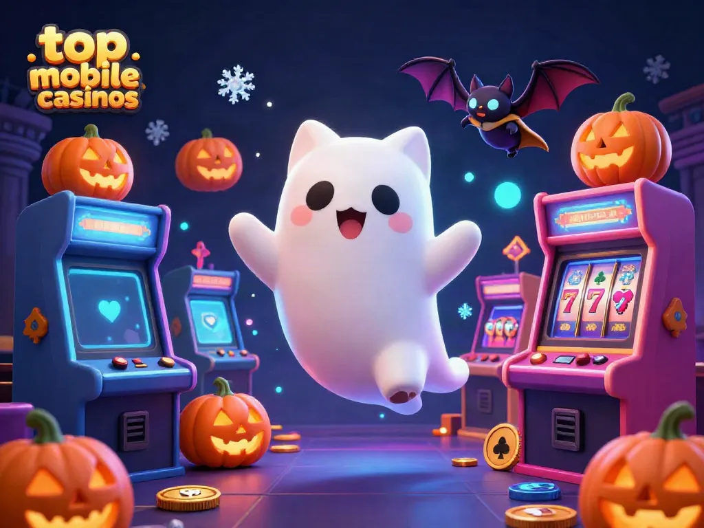 Engage with top mobile casinos featuring a whimsical ghost cat and vampire bat in a haunted casino.