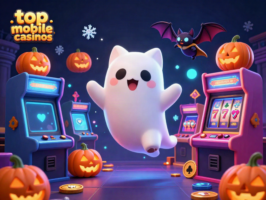 Engage with top mobile casinos featuring a whimsical ghost cat and vampire bat in a haunted casino.