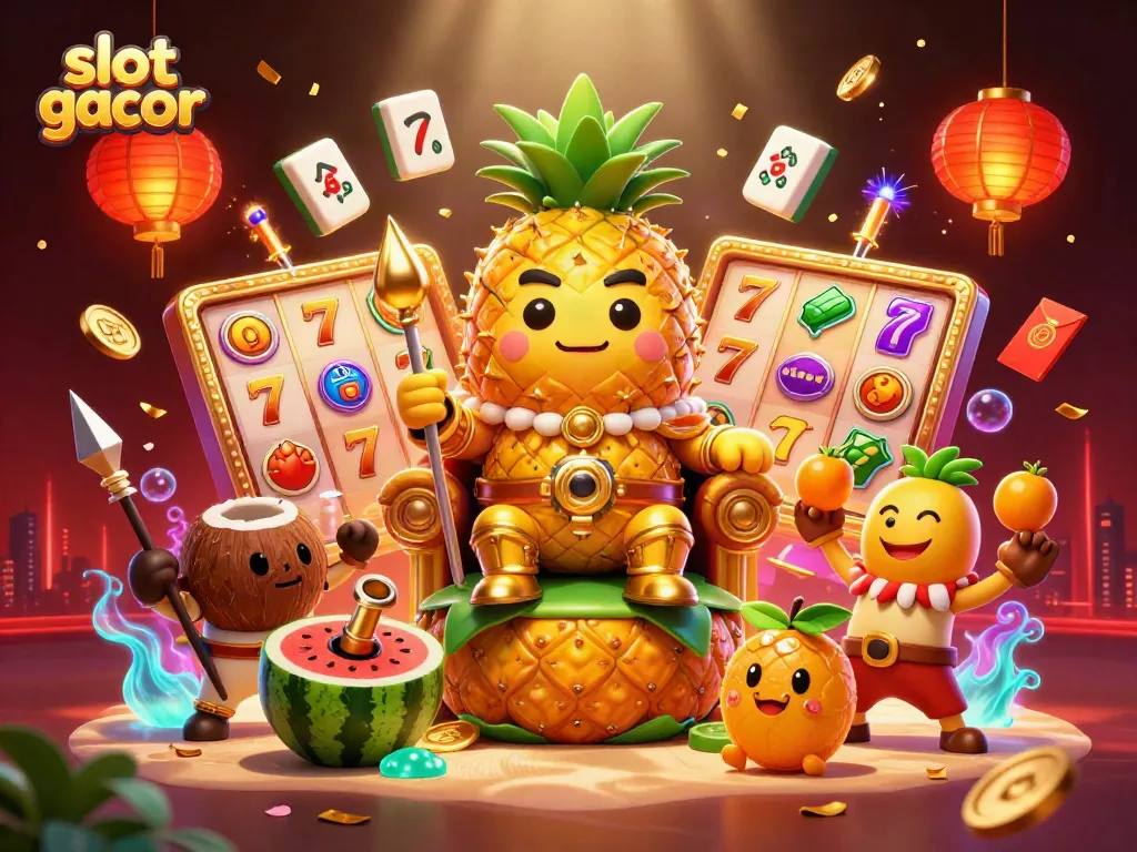 Engage in vibrant slot gacor gameplay with a golden pineapple king amidst dynamic casino elements.
