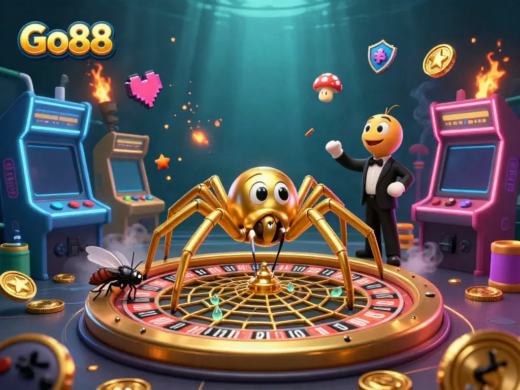 Spin the roulette web with Go88 and experience vibrant gaming excitement in this colorful casino scene.