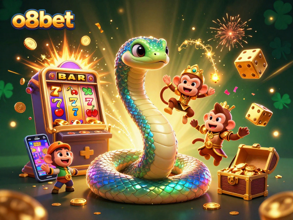 Experience the excitement of o8bet with vibrant scenes of jackpots, playful characters, and casino adventures.