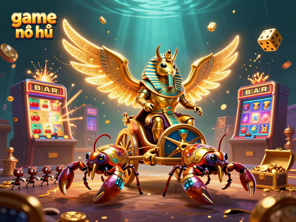 Engaging scene of game nổ hũ illustrated with a golden scarab beetle and slot machine bursting with coins.