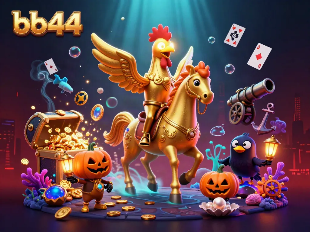 Bet big with bb44 amidst golden roosters and underwater treasures in a vibrant casino scene.