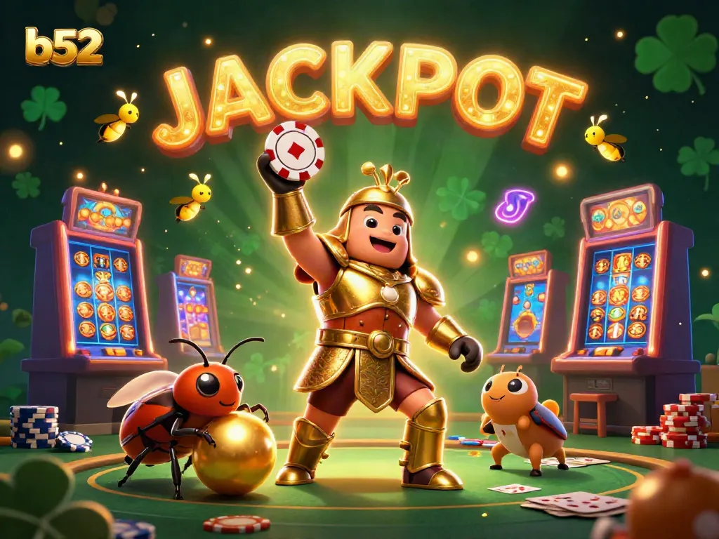 Experience the thrill of b52 gaming as a victorious beetle lifts a poker chip amid vibrant casino elements.