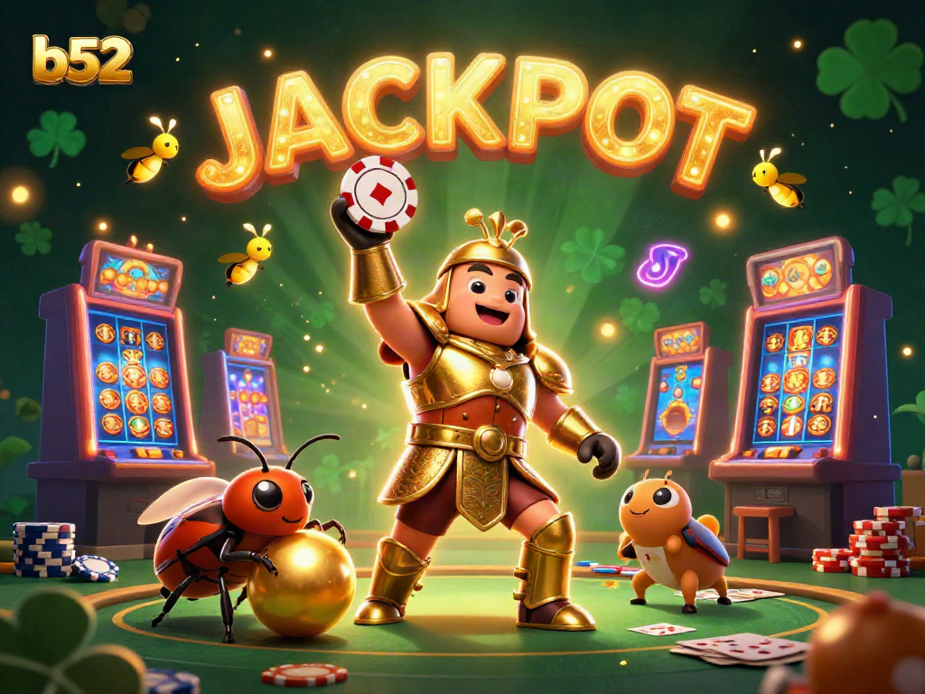 Experience the thrill of b52 gaming as a victorious beetle lifts a poker chip amid vibrant casino elements.