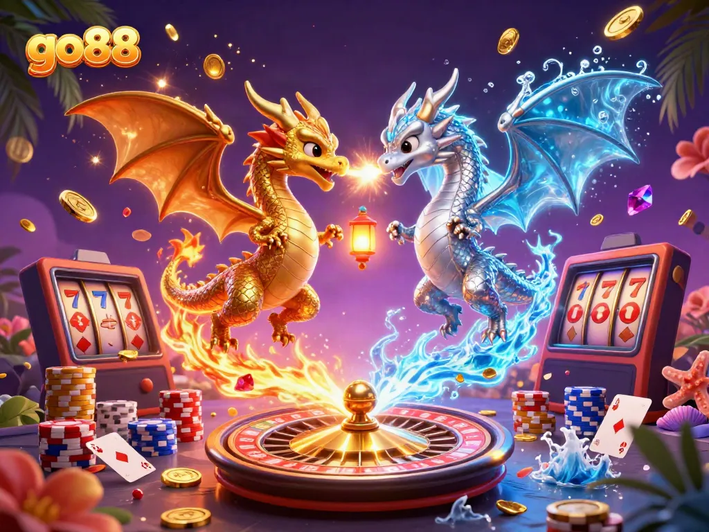 Engage in exciting gameplay with go88's vibrant 3D casino scene featuring dragons, coins, and game elements.