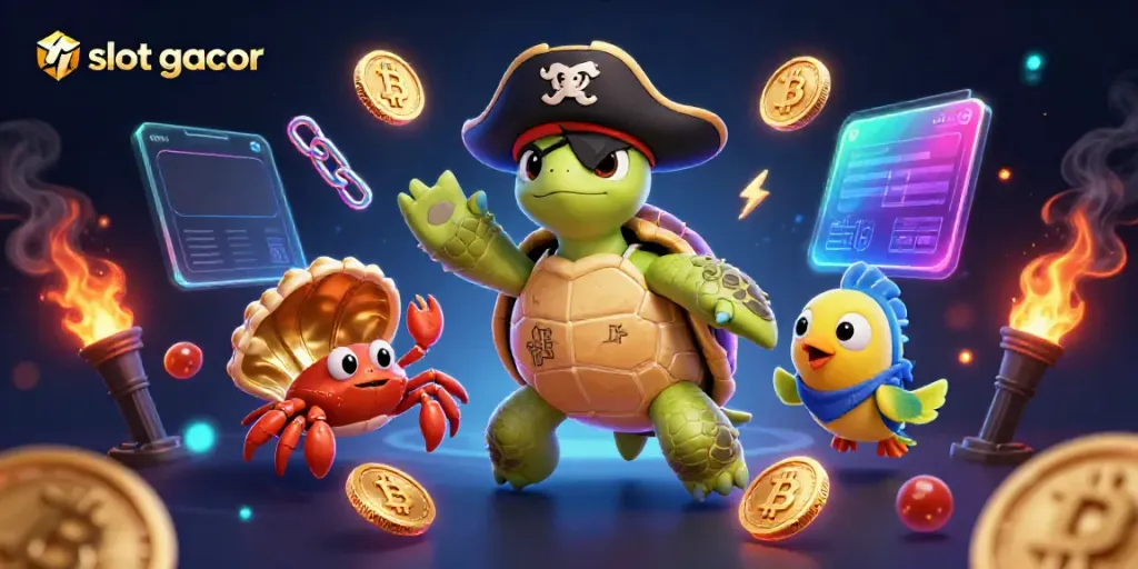 Slot gacor menawarkan kesenangan jackpot dengan gambar karakter kartun dan elemen mesin slot.