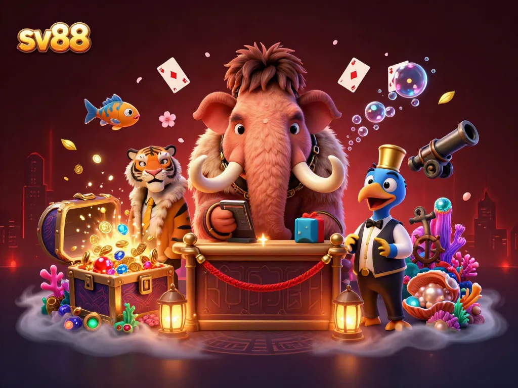sv88's vibrant casino scene with a woolly mammoth bouncer and treasure elements creates an exciting gaming atmosphere.
