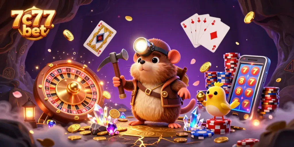 Engage in thrilling gameplay with 7c77 bet as the treasure hunter and canary enjoy their rich mining adventure.
