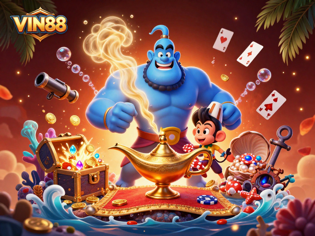 Engage in thrilling gaming with VIN88 featuring a magical genie and poker chips.