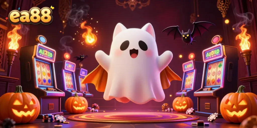 Engage with the lively casino world as ea88's ghost cat floats amidst slot machines and glowing poker chips.
