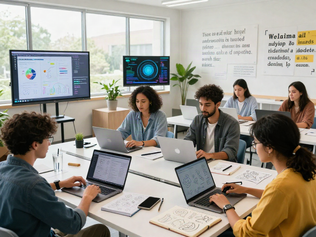 Adults engaging in AI 18+ learning with technology in a bright classroom.