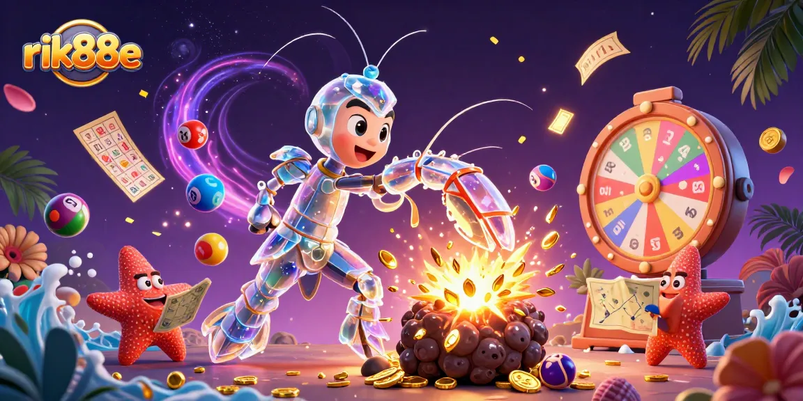 Experience the thrilling adventure of rik88e with cartoon characters amidst vibrant casino elements and a cosmic backdrop.