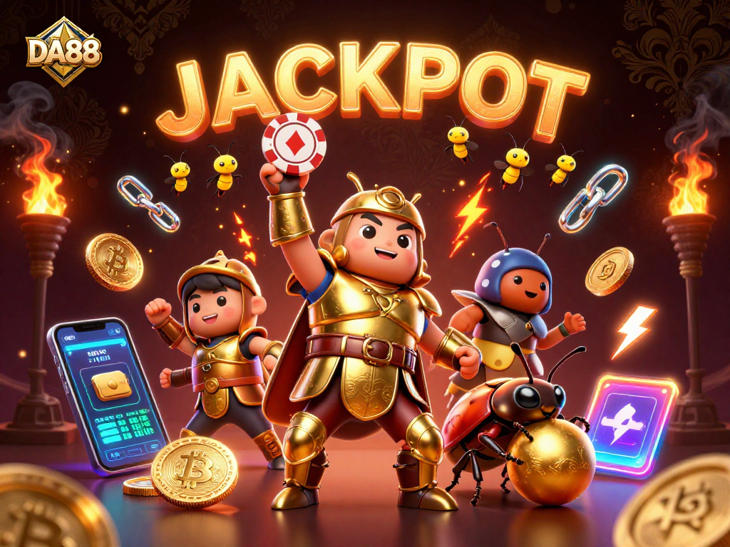 Spin the reels at DA88 with a golden poker chip champion lifted in victory!