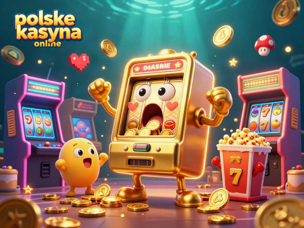 Experience the excitement of polskie kasyna online as cartoon slot machines celebrate a jackpot with coins pouring out.