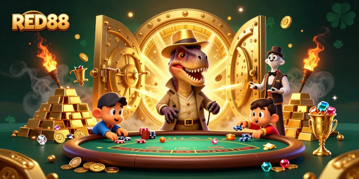 Experience thrilling RED88 action at a blackjack table with vibrant 3D cartoon characters amidst gold treasure.