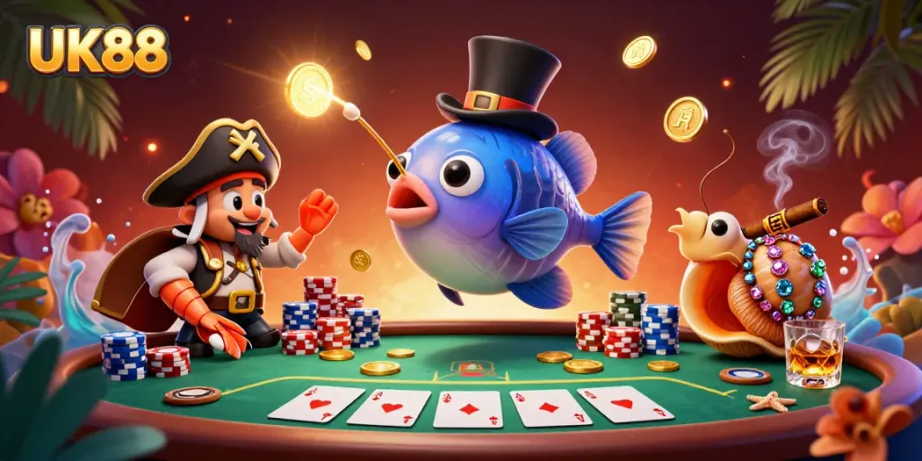 Engage with UK88's vibrant casino world featuring a cartoon anglerfish and pirate shrimp.