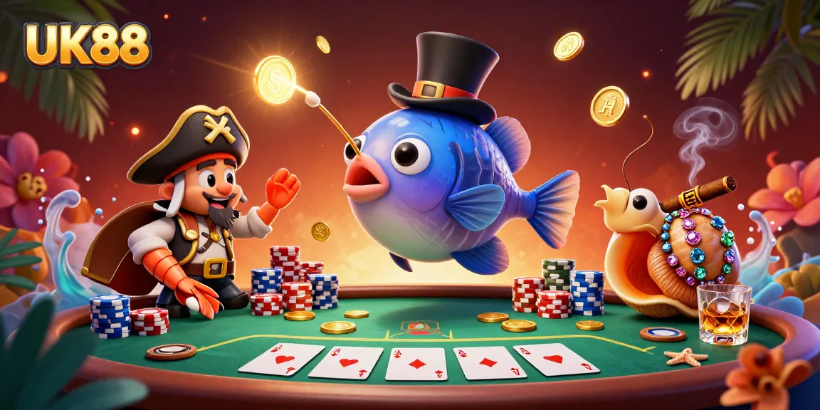 Engage with UK88's vibrant casino world featuring a cartoon anglerfish and pirate shrimp.