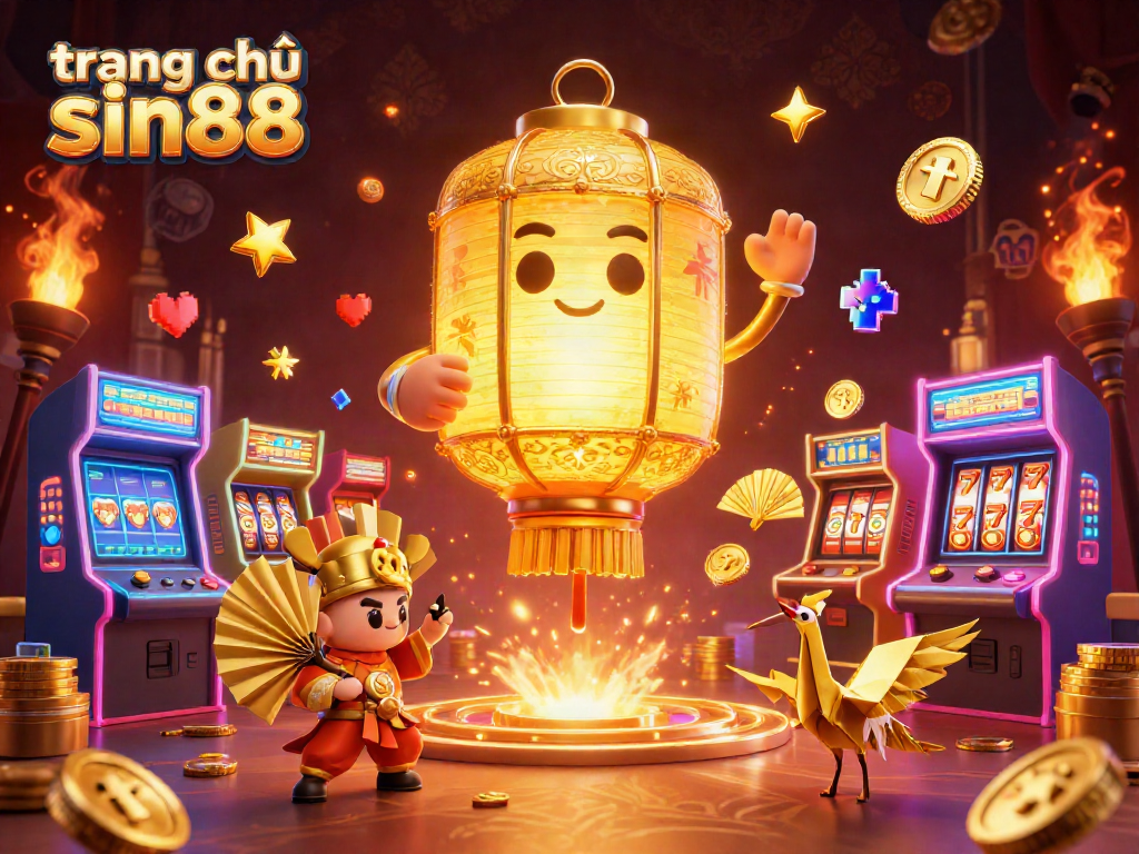 Experience the excitement at trang chủ sin88 with vibrant casino elements like golden lanterns and arcade games.