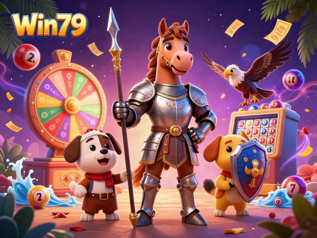 Engage in exciting gameplay with Win79's lottery-themed dynamic scene featuring cheerful characters and vibrant elements.