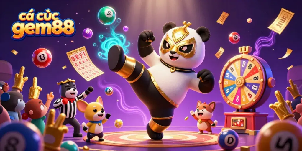 Experience cá cược gem88 excitement with flying kicks and vibrant casino elements in a lively 3D scene.