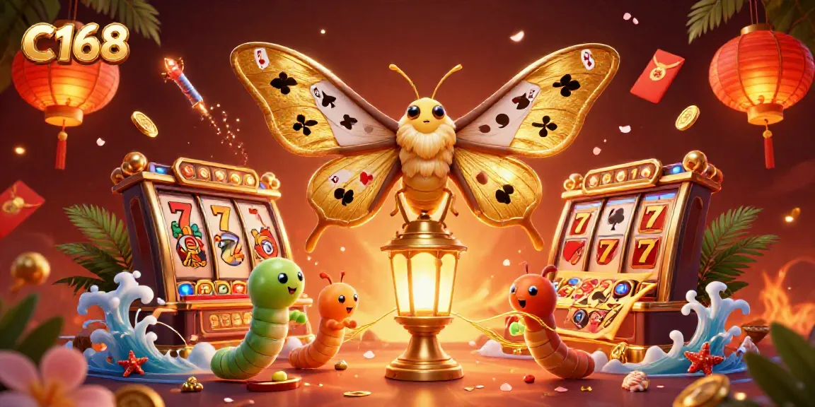Experience C168's vibrant casino scene with a golden moth and rich game elements.