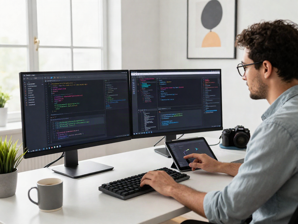 Engaging workspace with unfiltered AI chat on dual screens, emphasizing a productive tech environment.