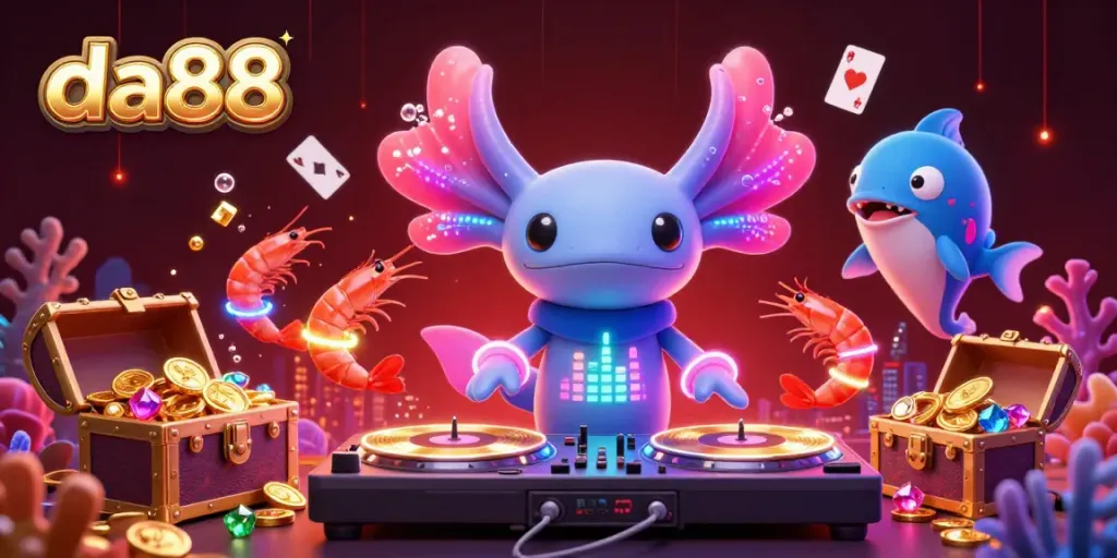 Engage with da88's vibrant underwater casino scene featuring a neon axolotl DJ and energetic sea creatures.