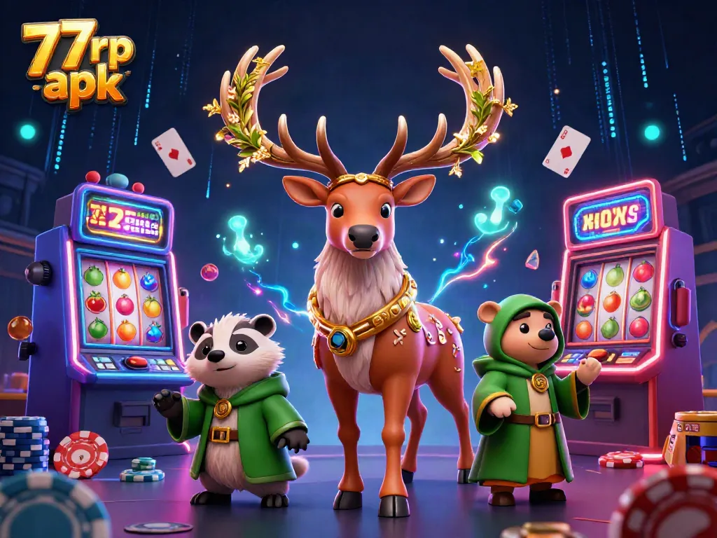 Experience thrilling gameplay with 77rp apk in a magical casino setting featuring vibrant characters and slot machines.