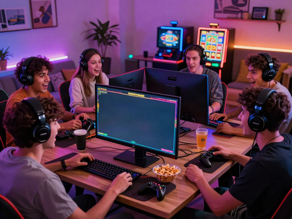 Friends enjoying a competitive slot game on a large screen, highlighting the excitement of slot gacor gampang menang.