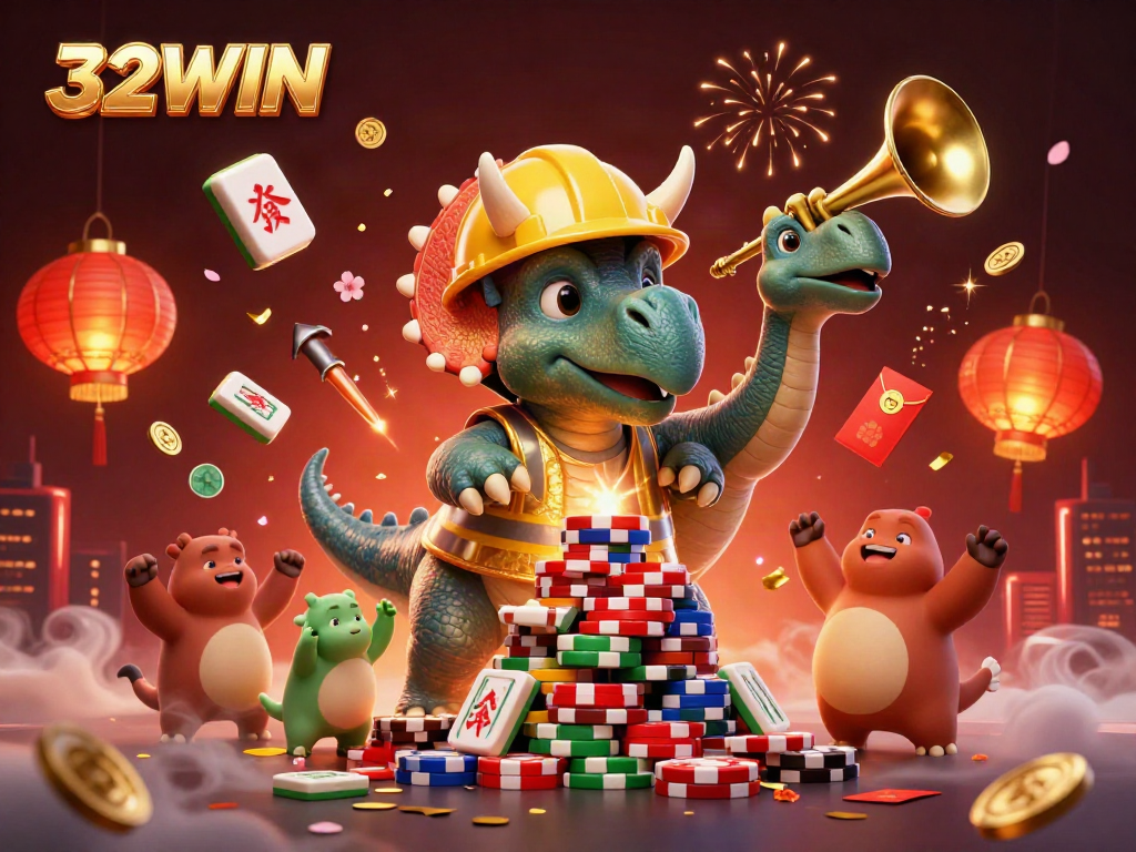 Experience thrilling gameplay at 32WIN with vibrant characters celebrating gambling triumphs amidst casino elements.
