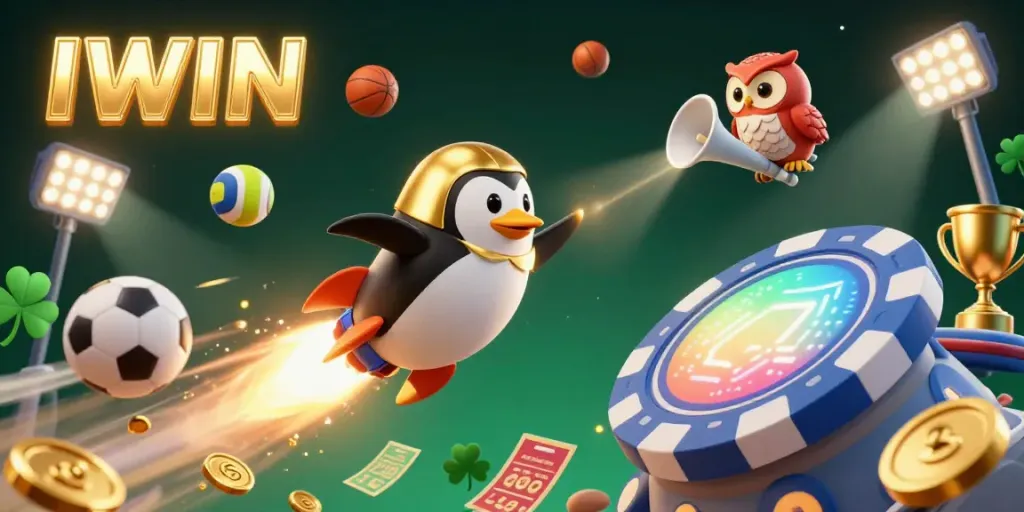 IWIN's golden penguin soars through a vibrant space casino filled with sports elements.