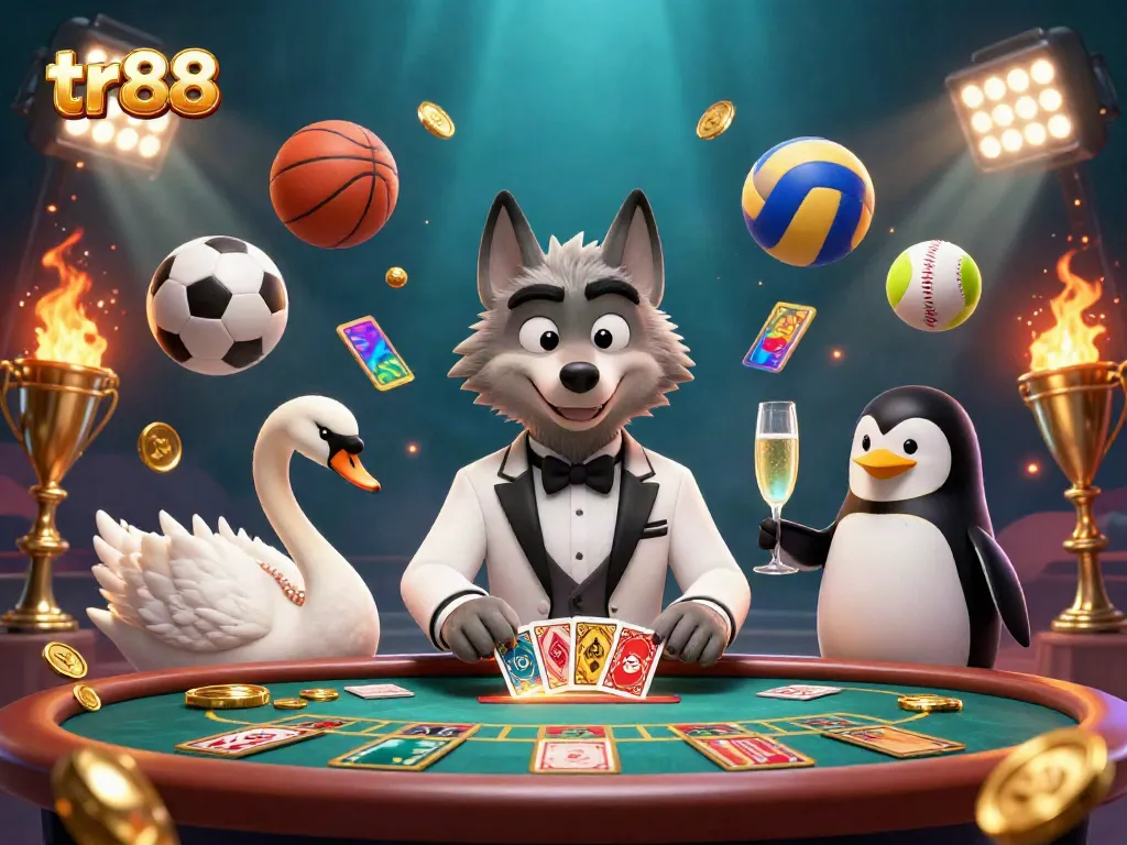 Baccarat scene featuring characters like a debonair wolf and a swan dealer at the TR88 casino table.