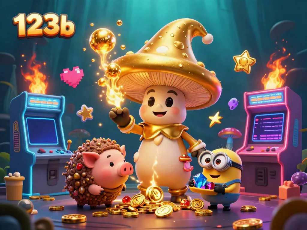 Engage in vibrant gameplay with 123b's golden wizard, treasure-seeking pig, and gaming elements in an exciting casino scene.