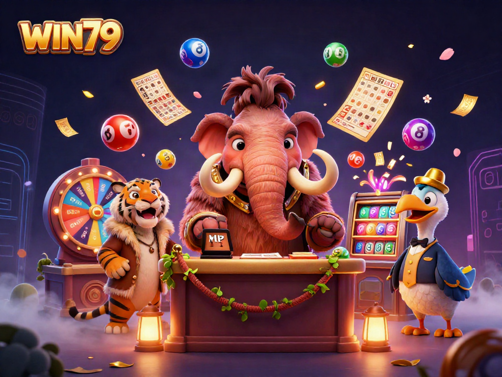 Engage with WIN79's vibrant casino scene featuring a woolly mammoth as a bouncer checking IDs.