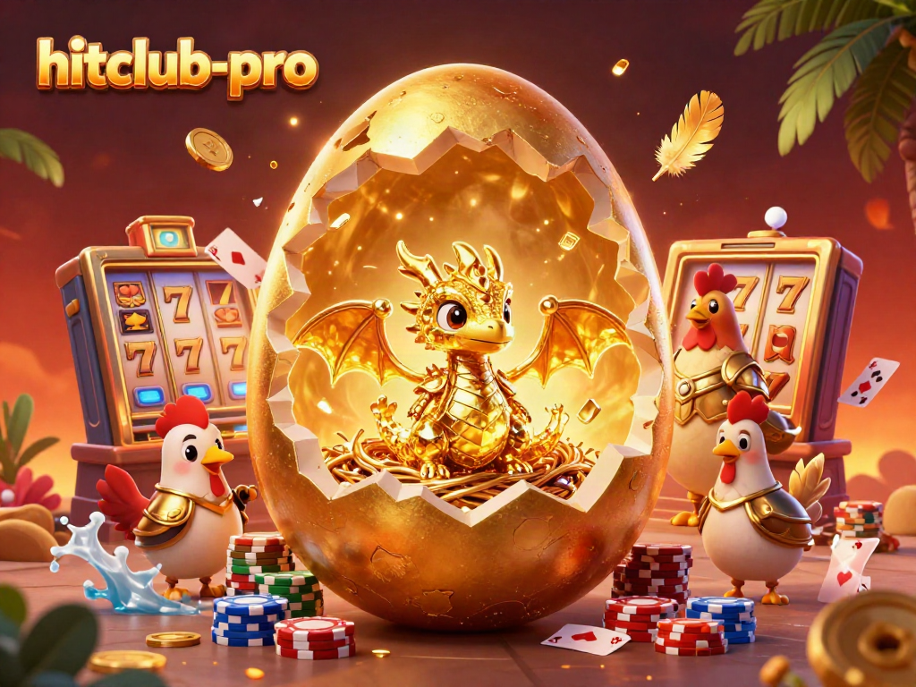 Experience the thrill of hitclub-pro with a golden baby dragon on poker chips amidst colorful slots.