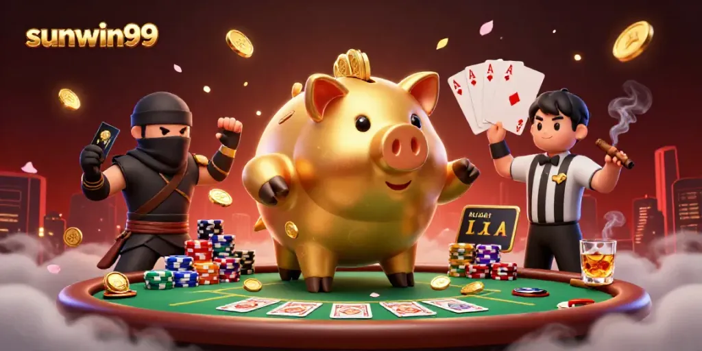 Engage with sunwin99's thrilling casino experience featuring animated characters and vibrant casino elements.