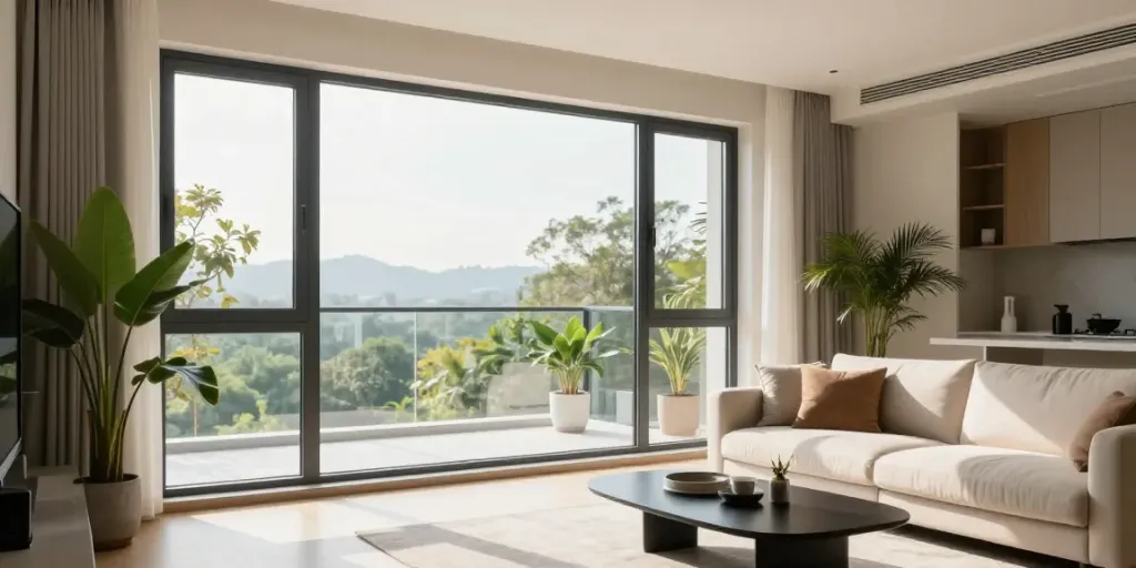 Stylish uPVC windows enhance aesthetic and energy efficiency in a modern living room.