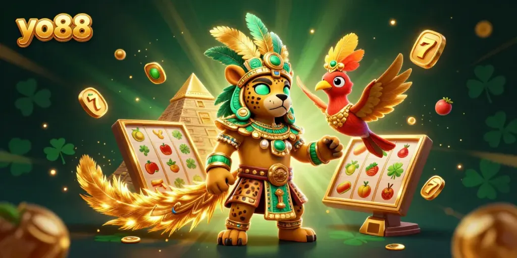 Experience the excitement of yo88 with vibrant slot reels and rich gaming elements in this dynamic illustration.