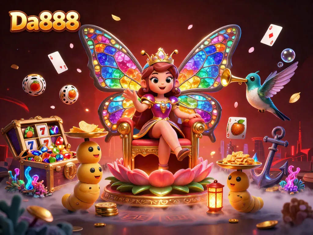 Engage in Da888 slot adventures with a colorful butterfly queen in a vibrant casino scene.