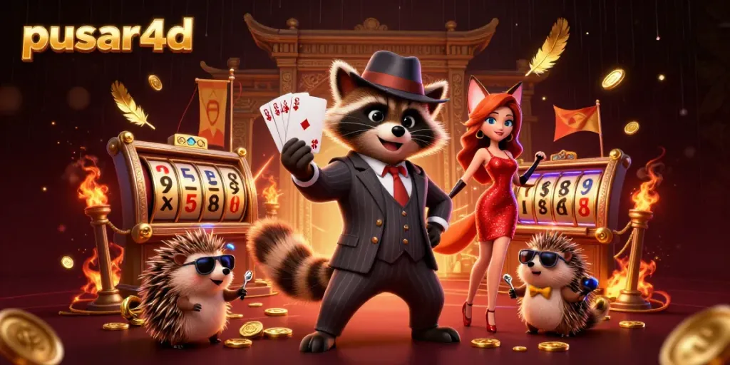 Experience pulsing action at pusar4d with a suave raccoon, stylish fox, and a bouncer amidst rich casino elements.
