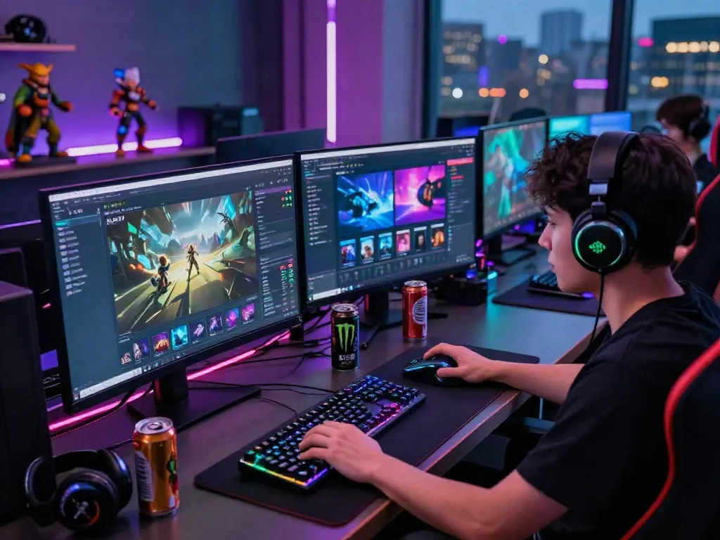 Gamer immersed in KILAT404 platform on a vibrant gaming setup.