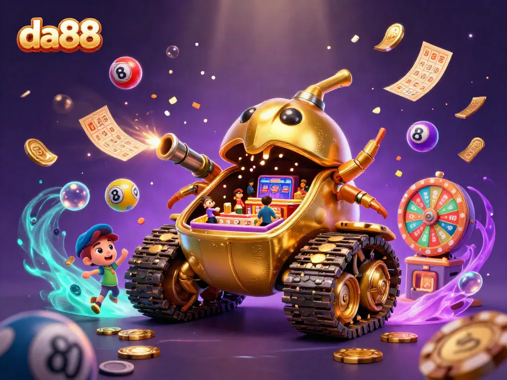 Experience winning moments with da88's vibrant casino in a 3D digital illustration featuring games and excitement.