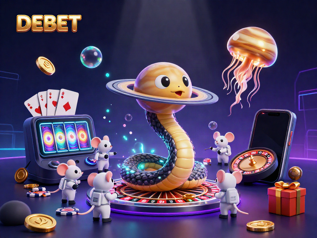Place bets with DEBET on the cosmic roulette with astronaut mice in a vibrant 3D scene.