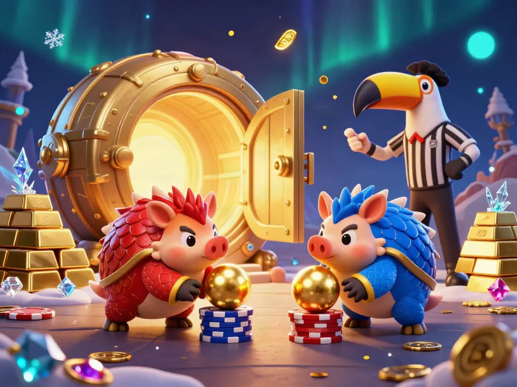Two rival pangolins compete in a 3D casino scene, rolling golden balls and bowling through poker chips, celebrating the rp888 experience.