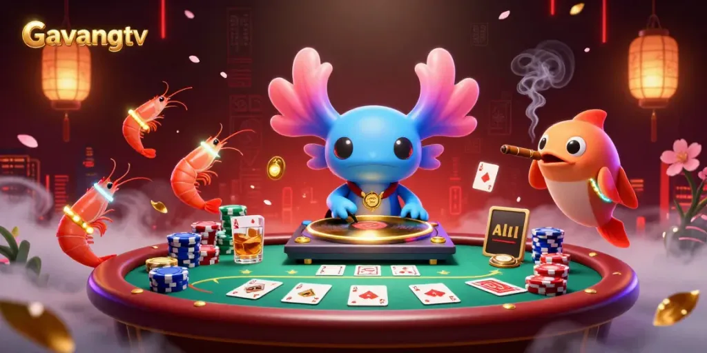Engaging underwater casino scene with Gavangtv axolotl DJ spinning records and vibrant shrimp dancers.